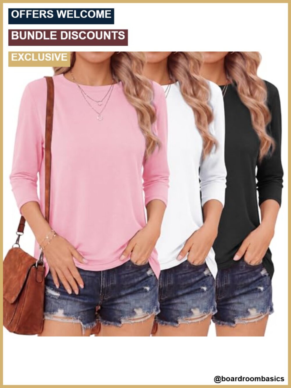 3/4 Sleeve Womens Tops Round Neck Loose Fit Summer Tee